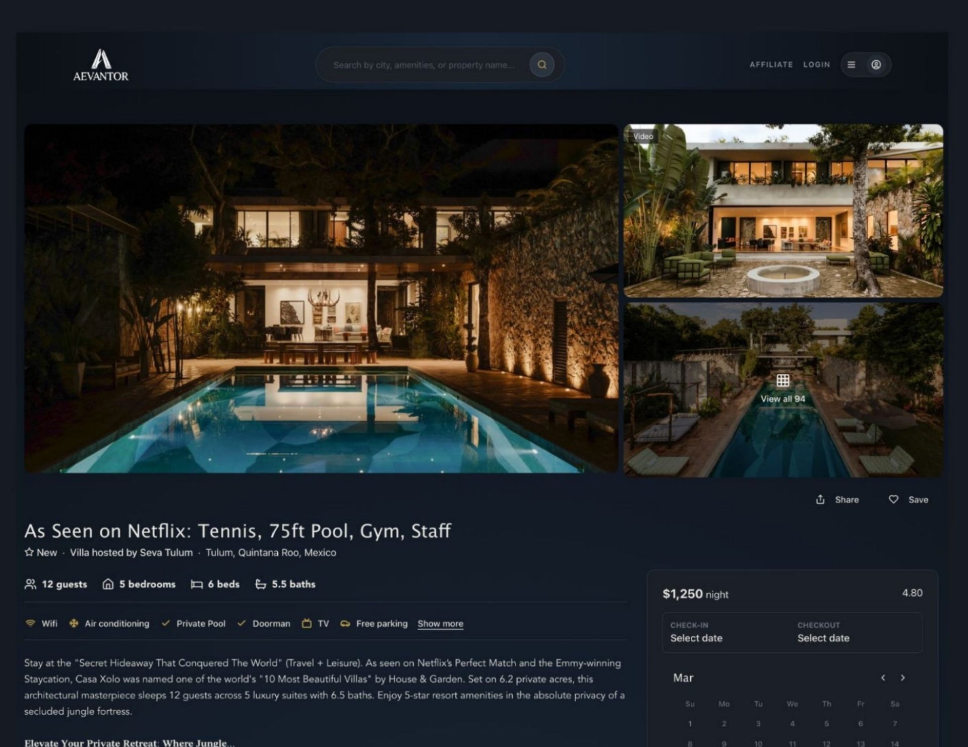 Aevantor vacation rental platform — desktop and mobile views