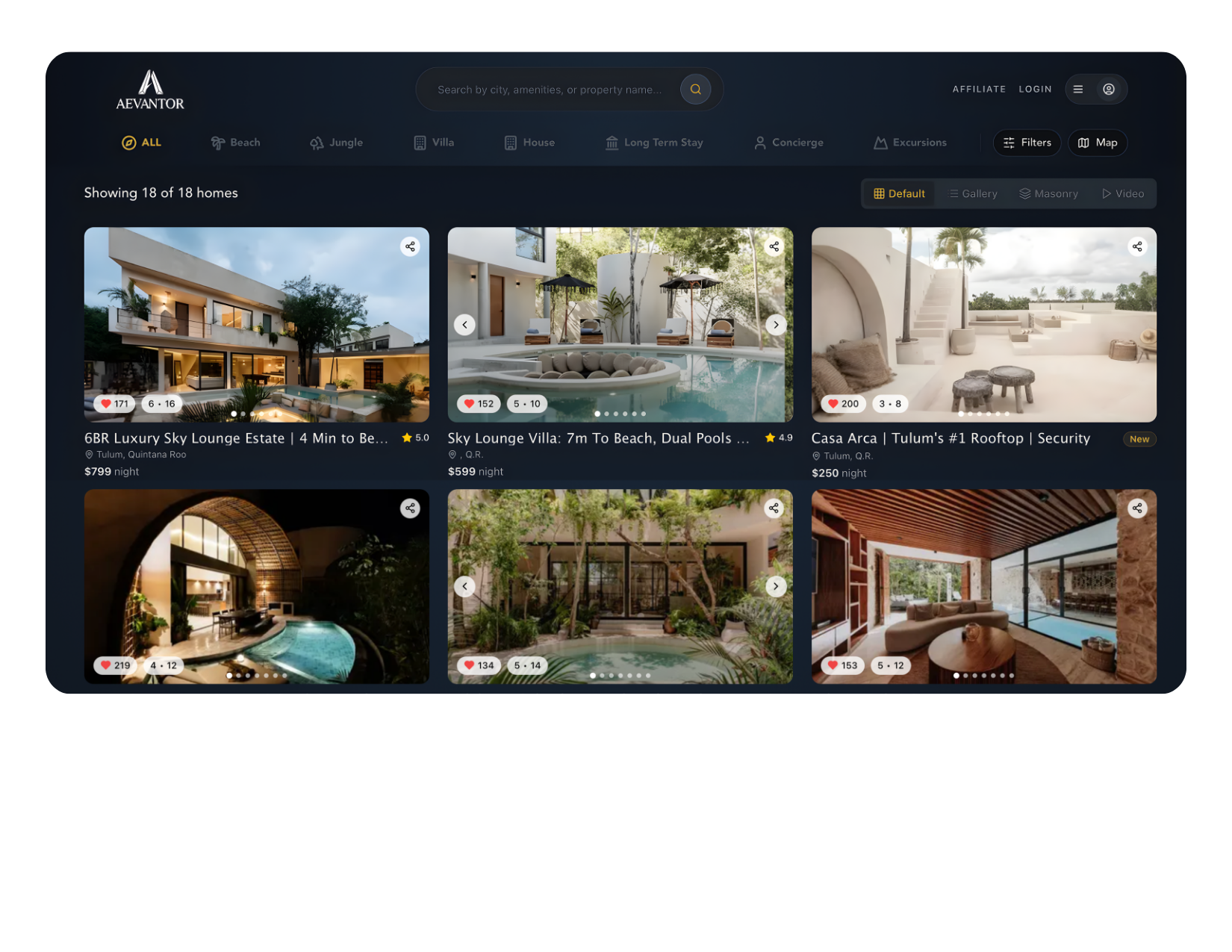 Aevantor vacation rental marketplace — property listings view