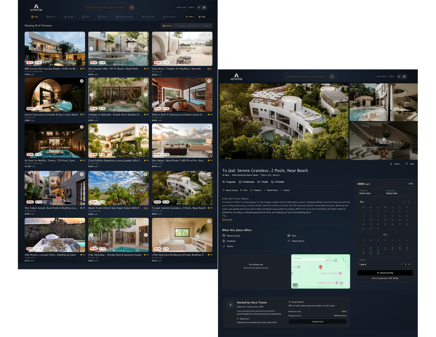 Aevantor platform — property listings and detail page mockup