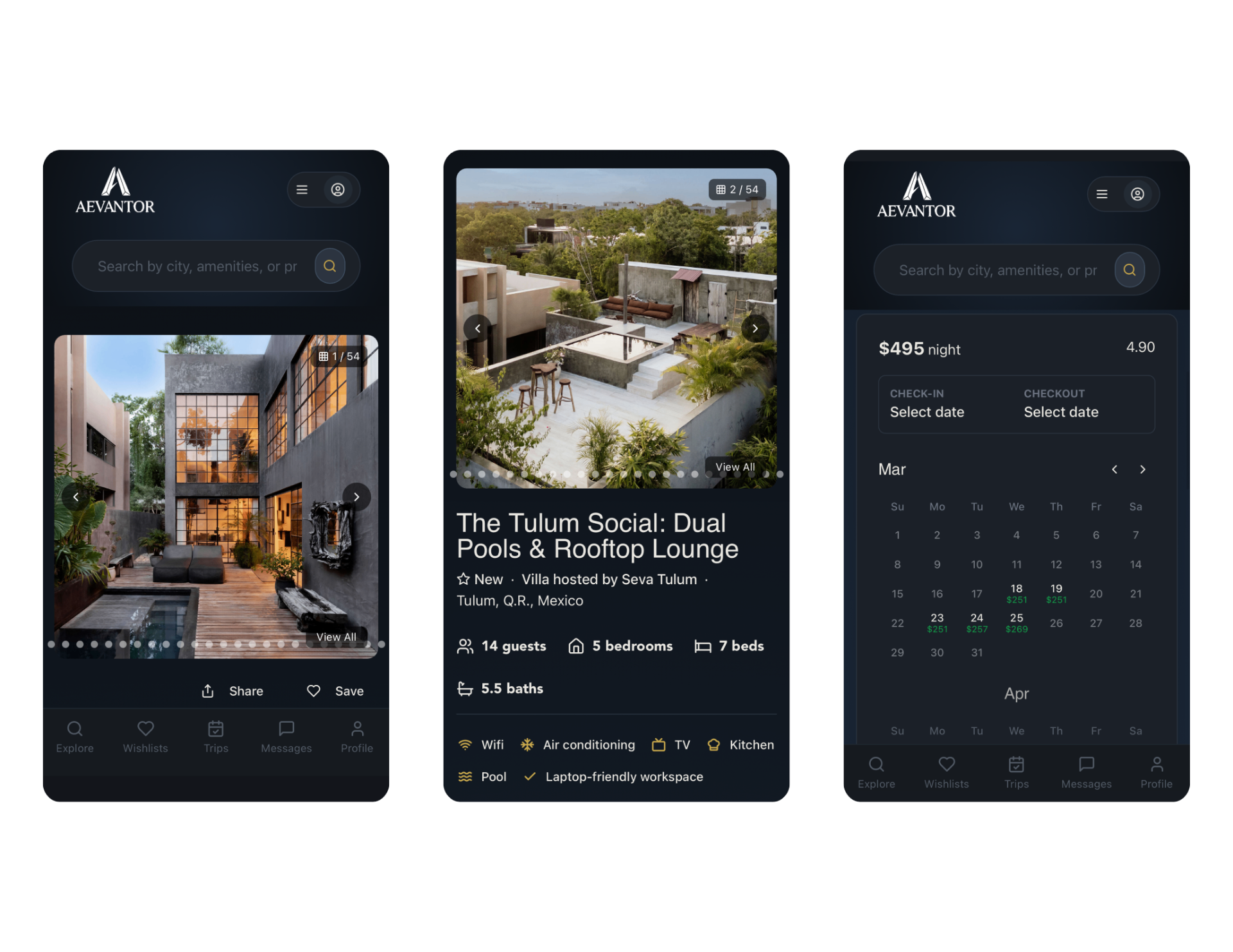 Aevantor mobile app — property browsing, listing detail, and booking calendar