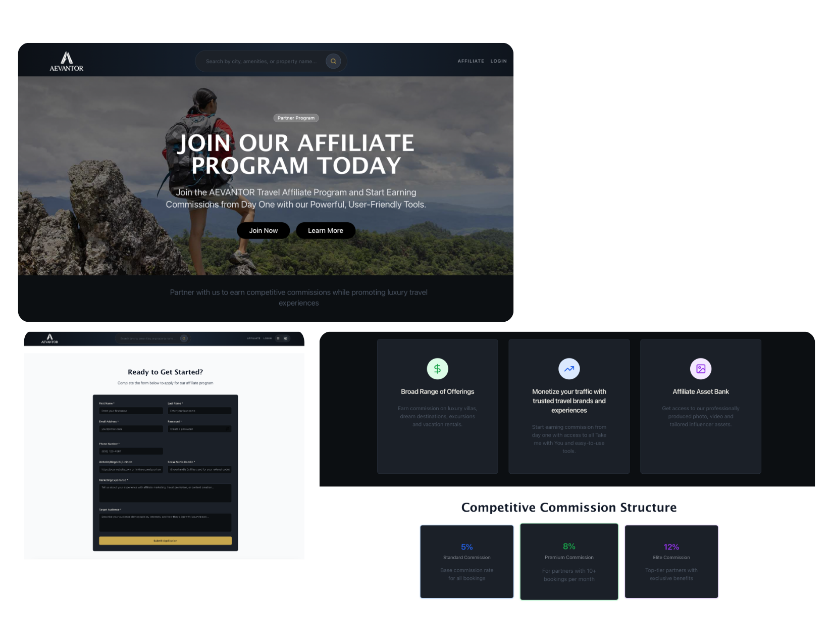 Aevantor affiliate program — partner onboarding, commission structure, and landing pages
