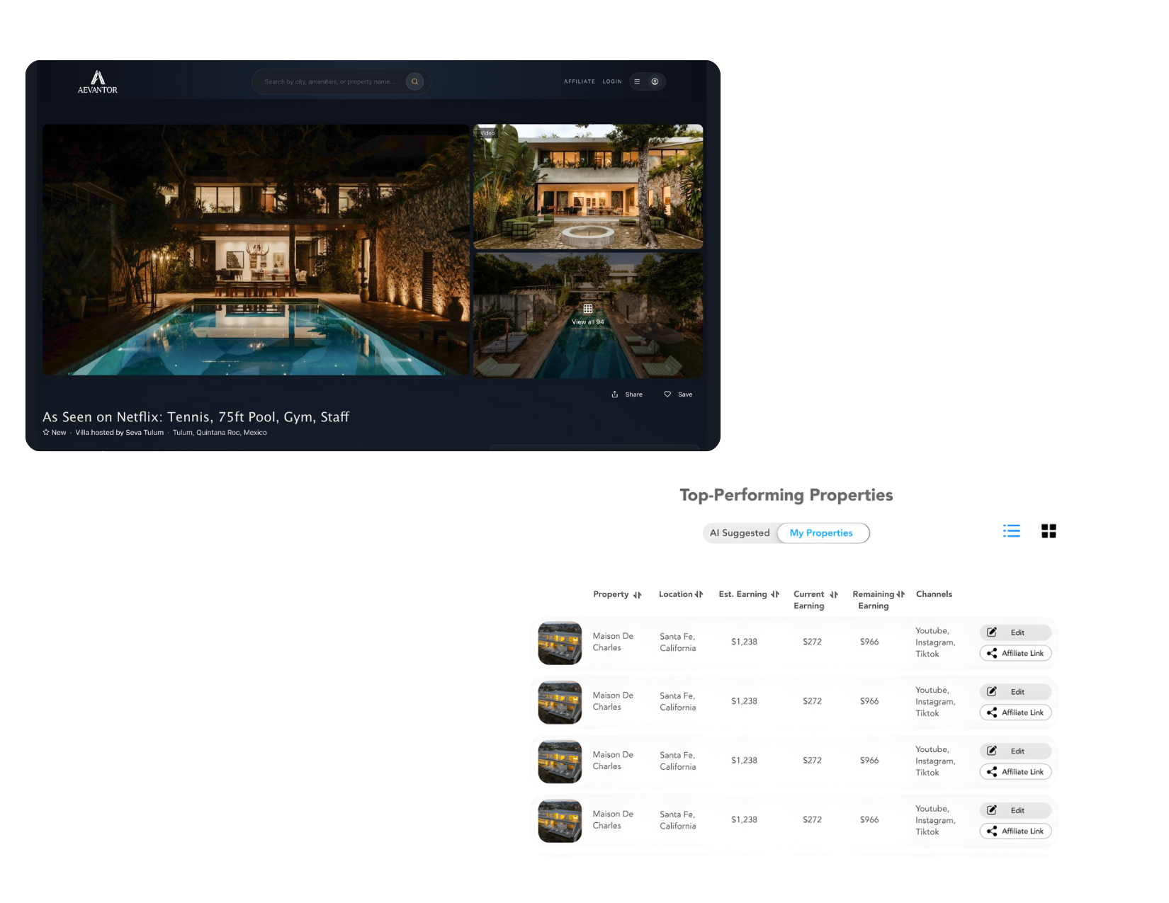 Aevantor platform — property detail view and affiliate dashboard