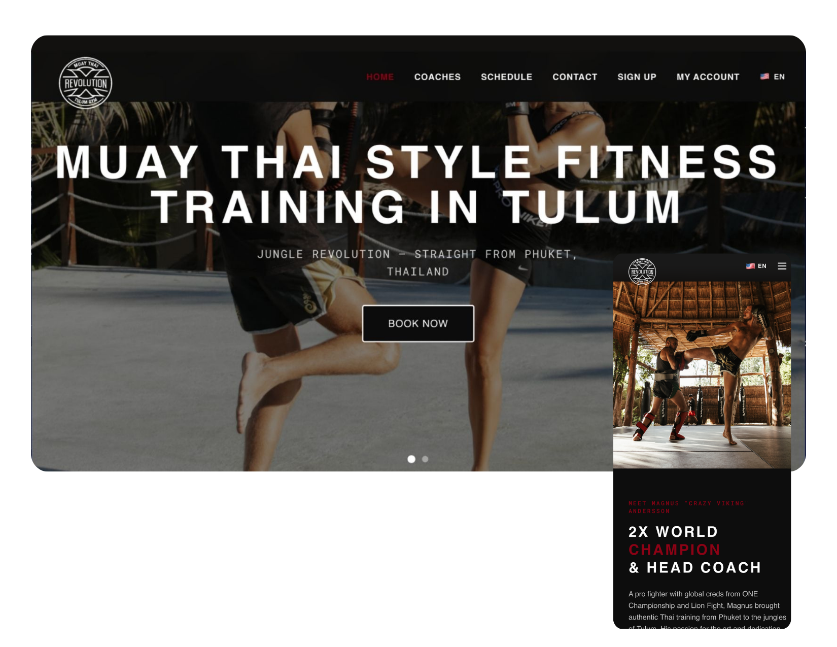 Rev Gym Tulum website mockup — desktop and mobile views