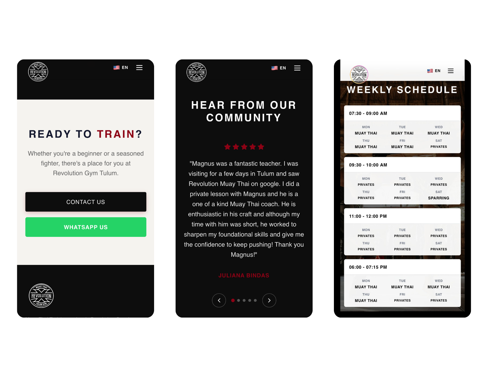 Rev Gym mobile views — scheduling and membership tiers